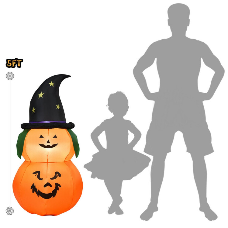 5 Feet Halloween Inflatable LED Pumpkin with Witch HatCostway Gallery View 4 of 12