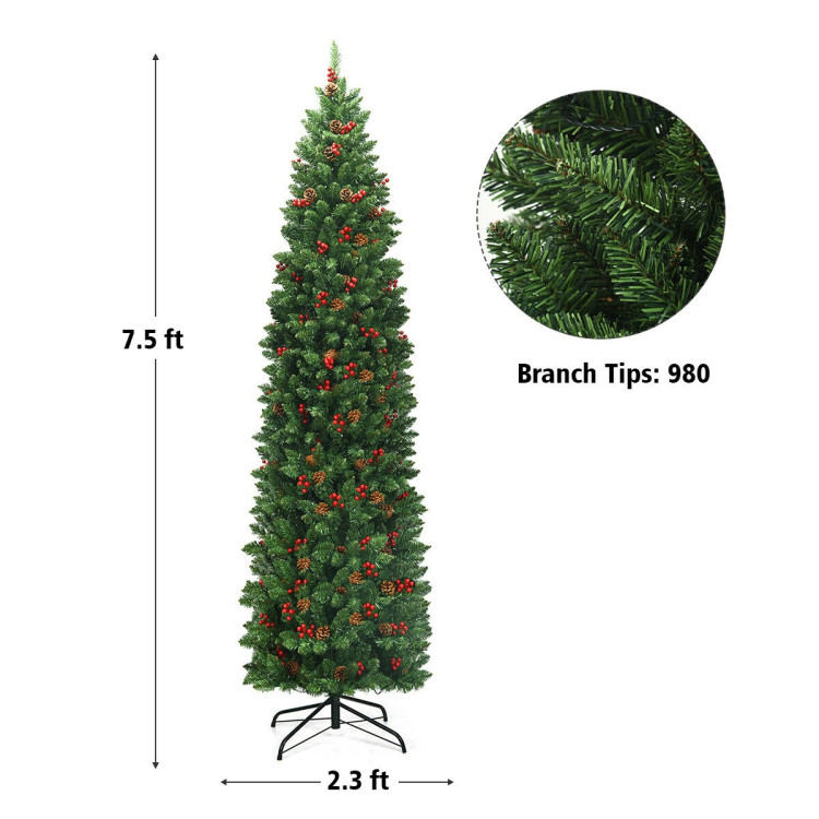 7.5 Feet Pre-lit Hinged Pencil Christmas Tree with Pine Cones Red BerriesCostway Gallery View 4 of 10