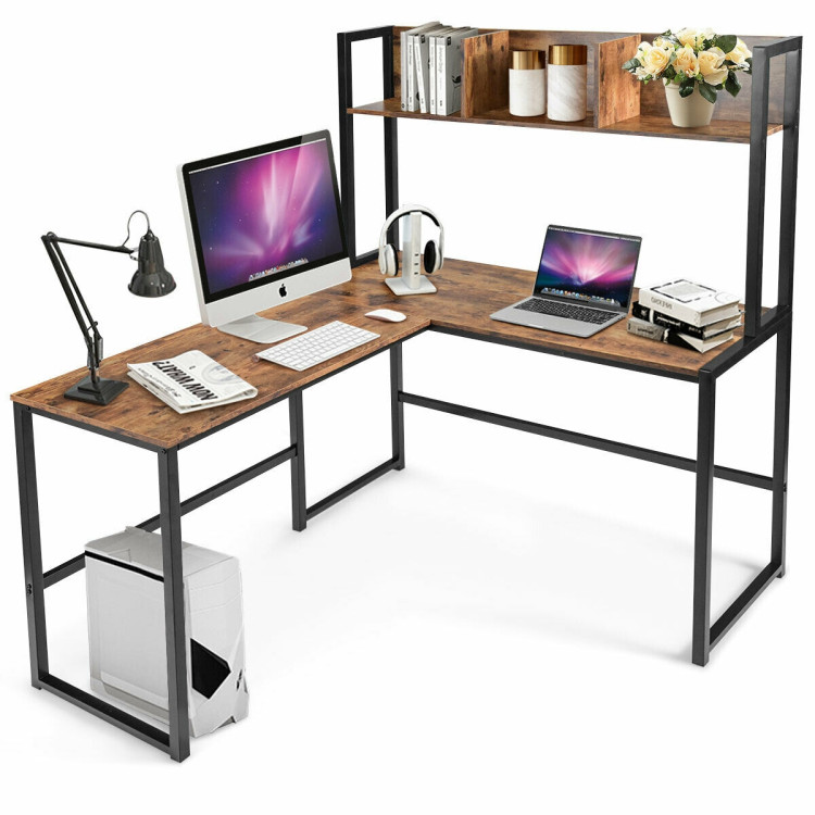 Reversible L-Shaped Corner Desk with Storage Bookshelf-BrownCostway Gallery View 9 of 12