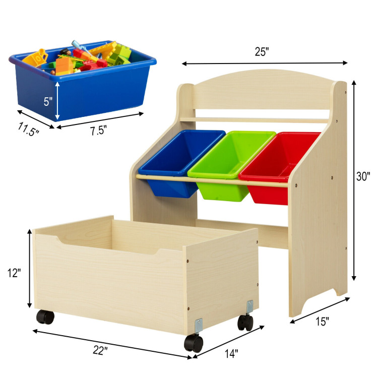 Kids Wooden Toy Storage Unit Organizer with Rolling Toy Box and Plastic Bins-NaturalCostway Gallery View 4 of 12