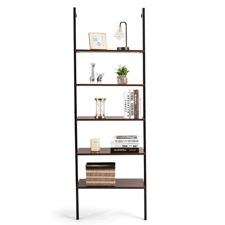 5-Tier Wood Look Ladder Shelf with Metal Frame for Home-BrownCostway Gallery View 10 of 12