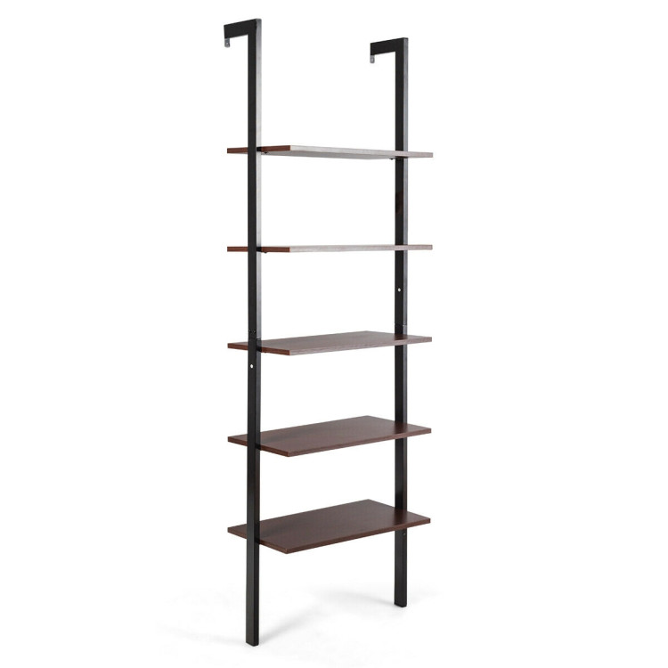 5-Tier Wood Look Ladder Shelf with Metal Frame for Home-BrownCostway Gallery View 1 of 12
