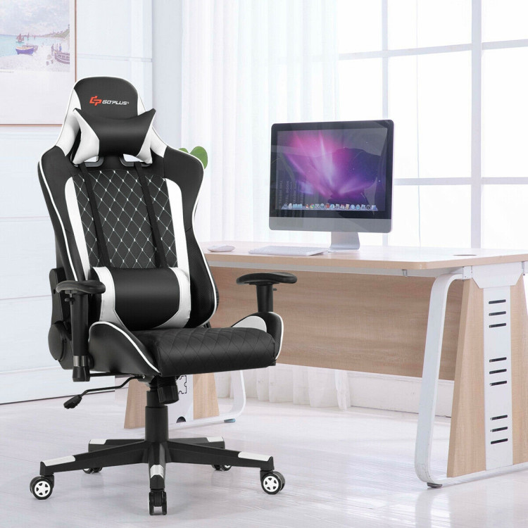 Massage Gaming Chair with Lumbar Support and Headrest-WhiteCostway Gallery View 2 of 11