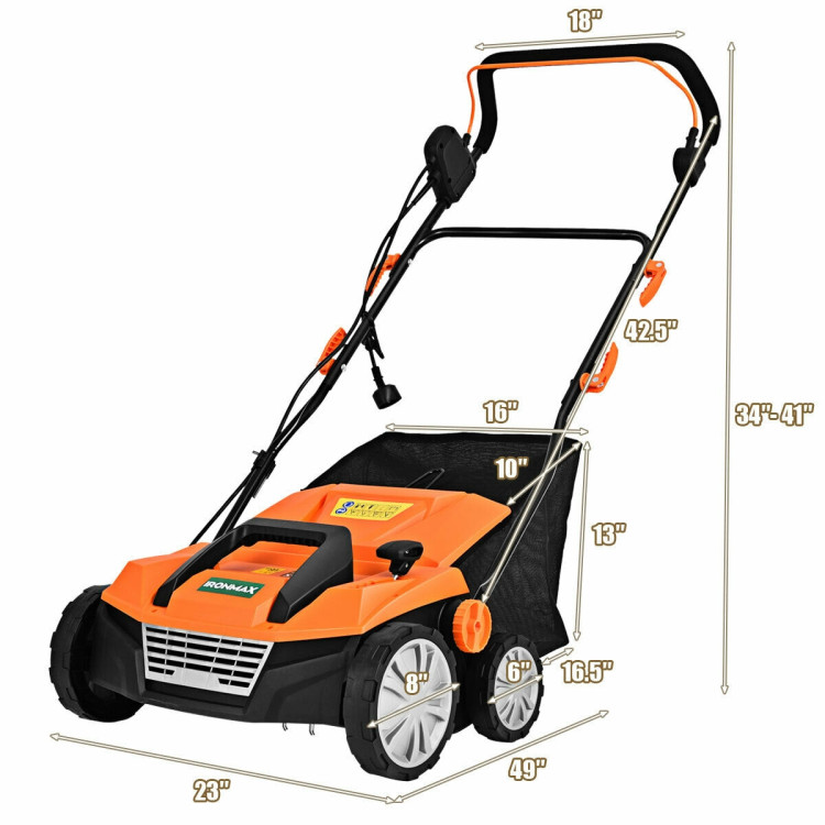 13 Amp Corded Scarifier 15 Inch Electric Lawn Dethatcher with Dual Safety Switch-OrangeCostway Gallery View 6 of 11