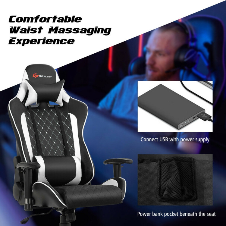 Massage Gaming Chair with Lumbar Support and Headrest-WhiteCostway Gallery View 3 of 11