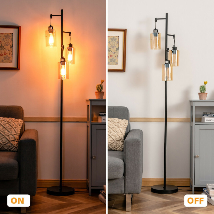 Retro Floor Lamp with 3-Head Hanging Amber Glass ShadeCostway Gallery View 6 of 12