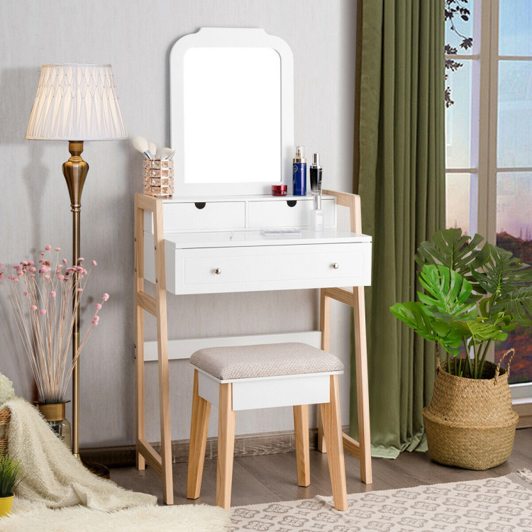 Vanity Table Set with Cushioned Stool and Large MirrorCostway Gallery View 1 of 12