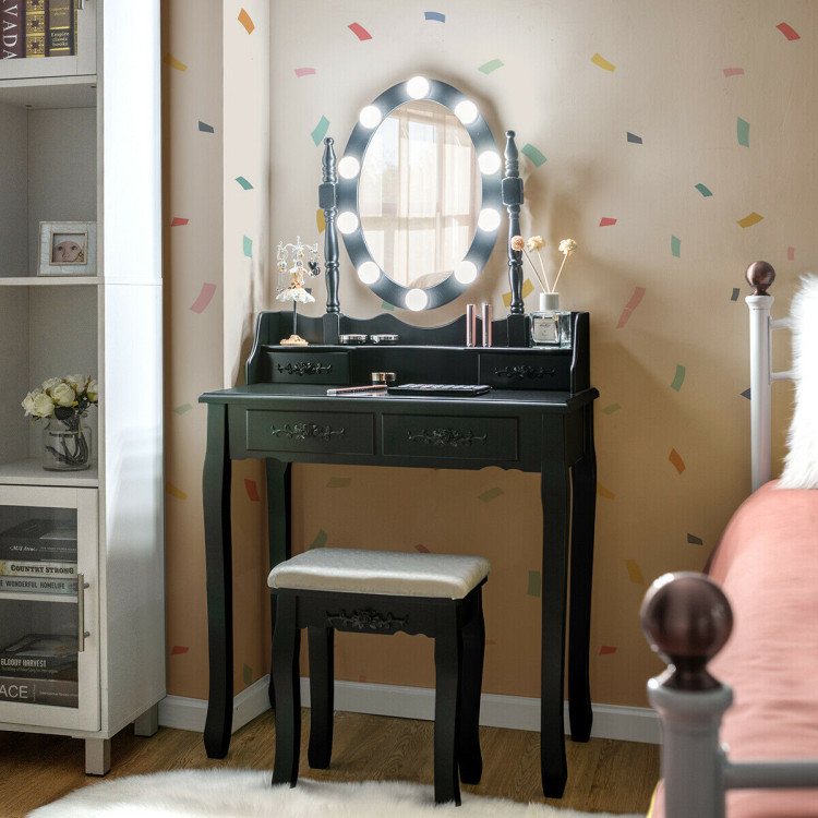 Makeup Dressing Table with Touch Switch Lighted Mirror and Cushioned Stool-BlackCostway Gallery View 1 of 12