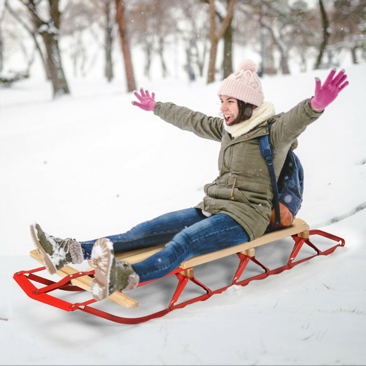 54 Inch Kids Wooden Snow Sled with Metal Runners and Steering BarCostway Gallery View 1 of 12