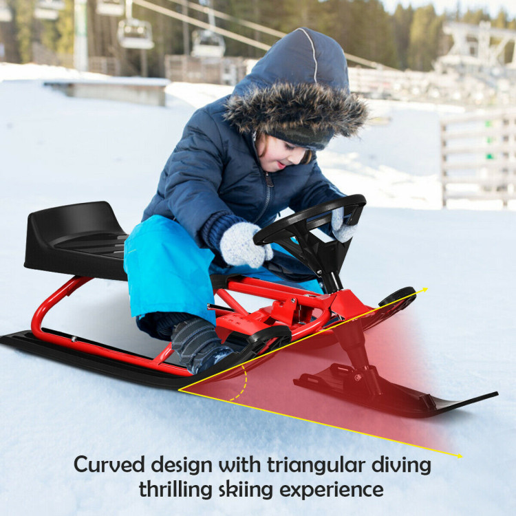 Kids Snow Sled with Steering Wheel and Double Brakes Pull RopeCostway Gallery View 2 of 9