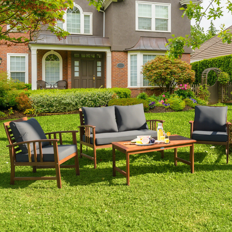 4 Pcs Wooden Patio Furniture Set Table Sofa Chair Cushioned GardenCostway Gallery View 8 of 10
