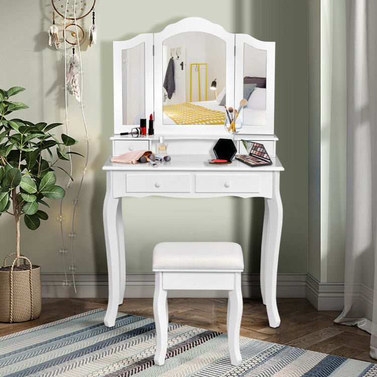 4 Drawers Wood Mirrored Vanity Dressing Table with Stool-WhiteCostway Gallery View 2 of 12