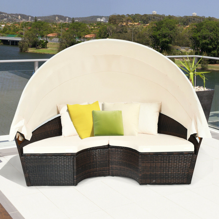 Patio Round Daybed Rattan Furniture Sets with CanopyCostway Gallery View 6 of 12