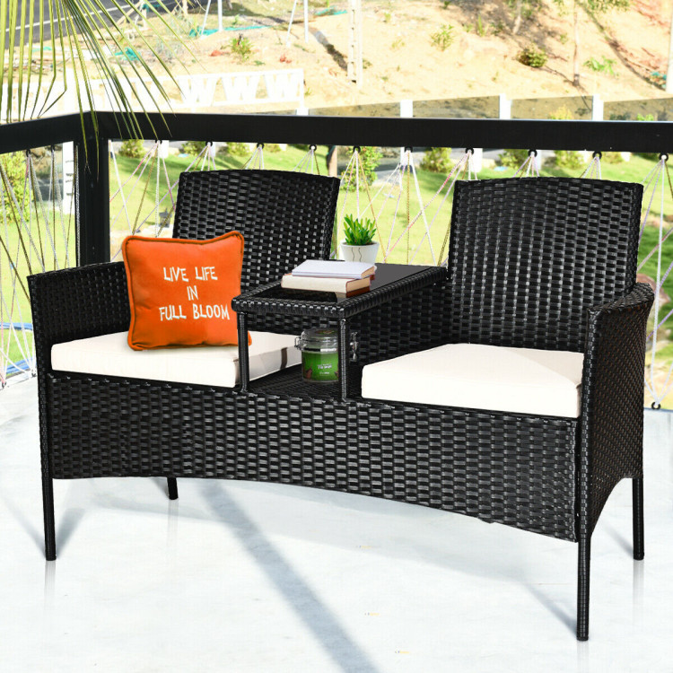 Patio Rattan Set Sofa Cushioned Loveseat Glass Table ChairsCostway Gallery View 2 of 12