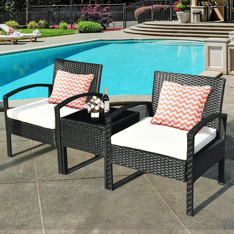 3 Pieces Outdoor Rattan Patio Conversation Set with Seat Cushions-WhiteCostway Gallery View 2 of 12