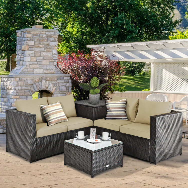 4 Pcs Outdoor Patio Rattan Furniture Set with Cushioned Loveseat and Storage Box-BrownCostway Gallery View 6 of 12