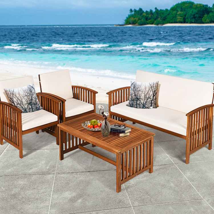 4 Pieces Patio Solid Wood Furniture Set-Beige - Gallery View 6 of 11