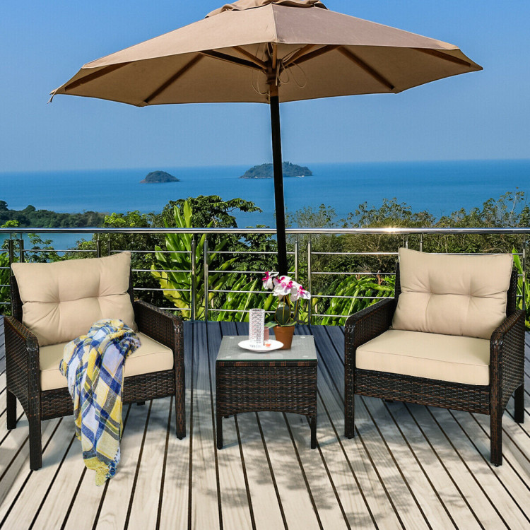 3 Pieces Outdoor Patio Rattan Conversation Set with Seat Cushions-BeigeCostway Gallery View 6 of 11