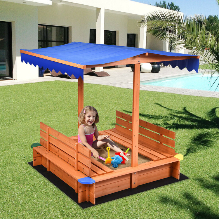 Beach Sandbox Toys with 2 Bench Seats Wooden Outdoor Sandbox with Cover Kids Sandbox with Canopy Garden Lawn Large Sandbox with Adjustable Height and Rotatable Canopy for Backyard Home 