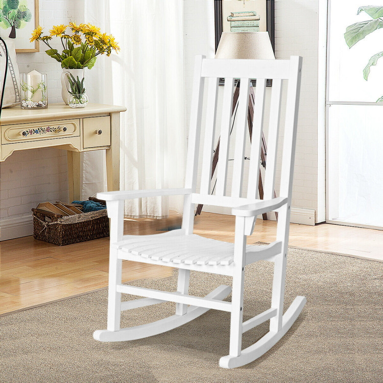 Indoor Outdoor Wooden High Back Rocking Chair-WhiteCostway Gallery View 7 of 12