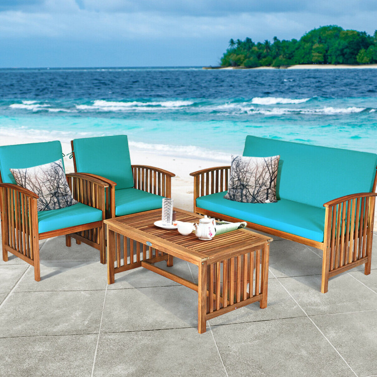 4 Pieces Patio Solid Wood Furniture Set-BlueCostway Gallery View 3 of 11