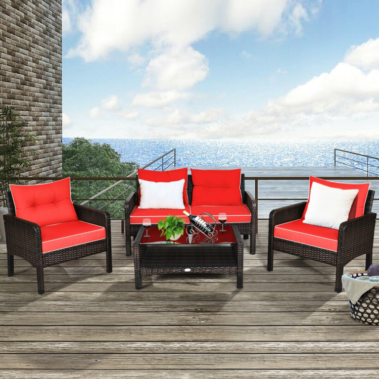 4 Pieces Outdoor Rattan Wicker Loveseat Furniture Set with Cushions-RedCostway Gallery View 8 of 9