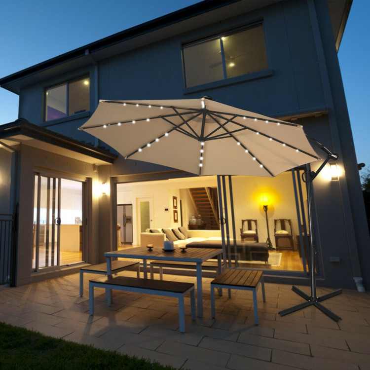 10 ft 360° Rotation Solar Powered LED Patio Offset Umbrella without Weight Base-BeigeCostway Gallery View 6 of 12