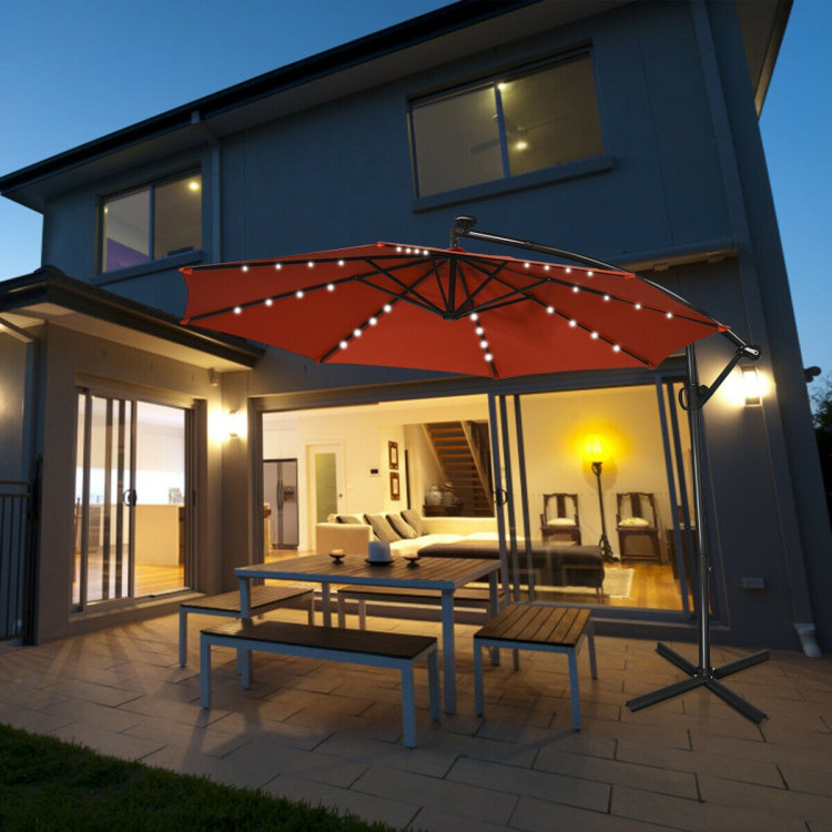 10 ft 360° Rotation Solar Powered LED Patio Offset Umbrella without Weight Base-OrangeCostway Gallery View 6 of 12