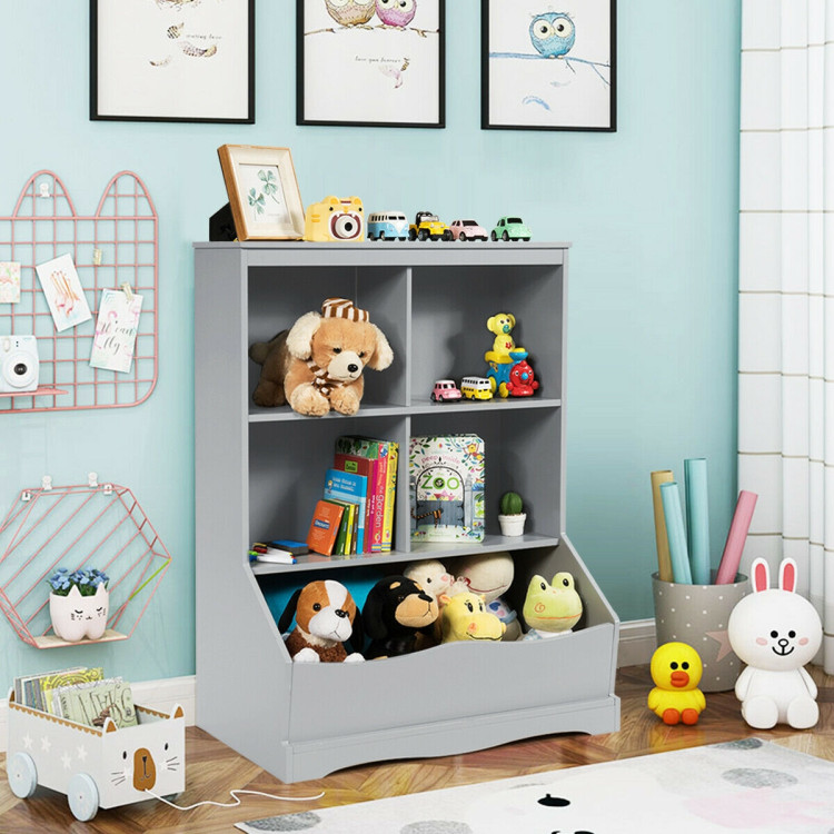 3-Tier Children's Multi-Functional Bookcase Toy Storage Bin Floor Cabinet-GrayCostway Gallery View 7 of 12