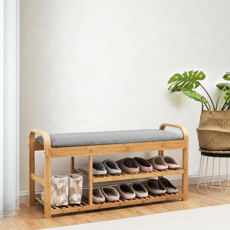 3-Tier Bamboo Shoe Rack Bench with Cushion-NaturalCostway Gallery View 5 of 12