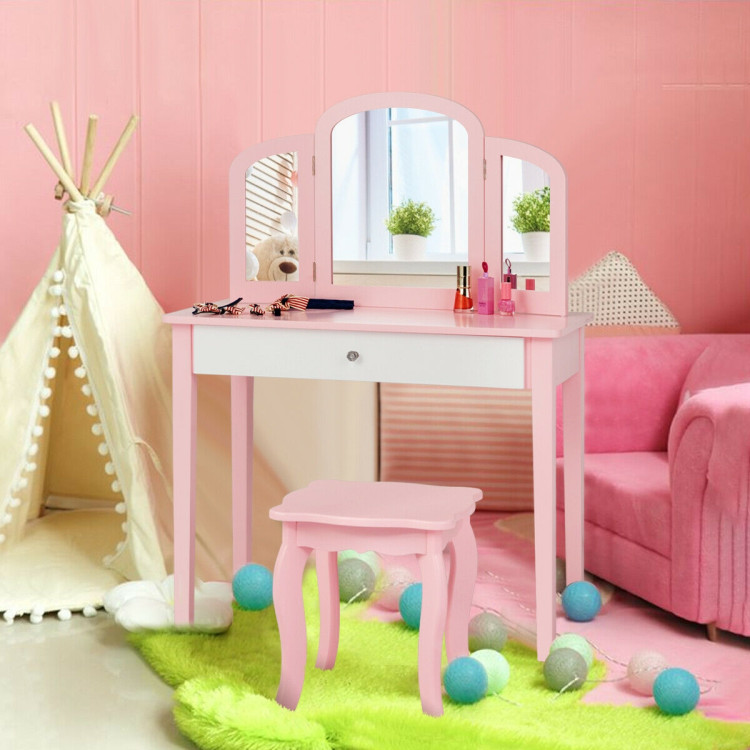 Kids Princess Make Up Dressing Table with Tri-folding Mirror and Chair-PinkCostway Gallery View 6 of 12