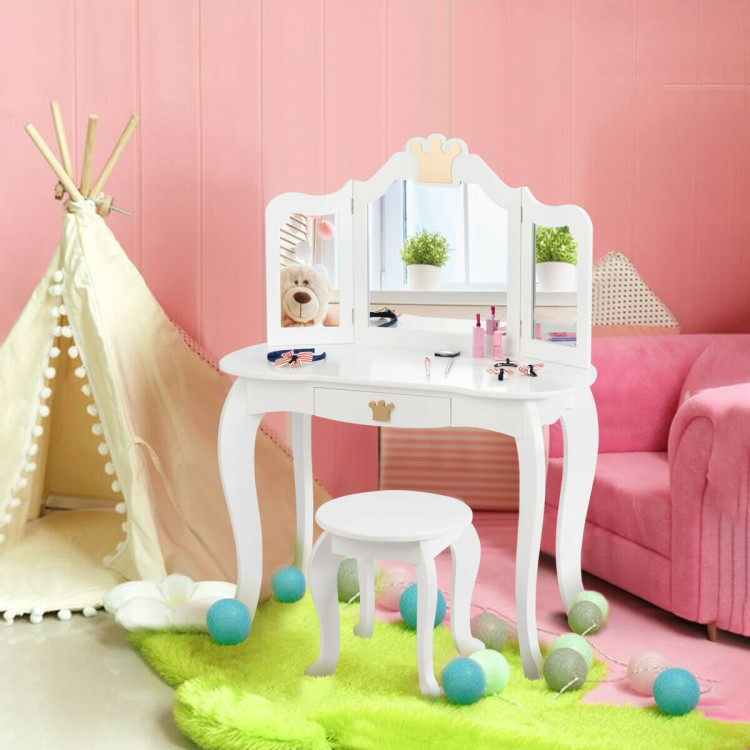 Kids Makeup Dressing Table with Tri-folding Mirror and Stool-WhiteCostway Gallery View 2 of 12