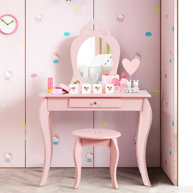 Kids Princess Makeup Dressing Play Table Set with Mirror -PinkCostway Gallery View 7 of 12