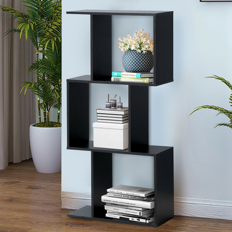 2/3/4 Tiers Wooden S-Shaped Bookcase for Living Room Bedroom Office-3-TierCostway Gallery View 5 of 12
