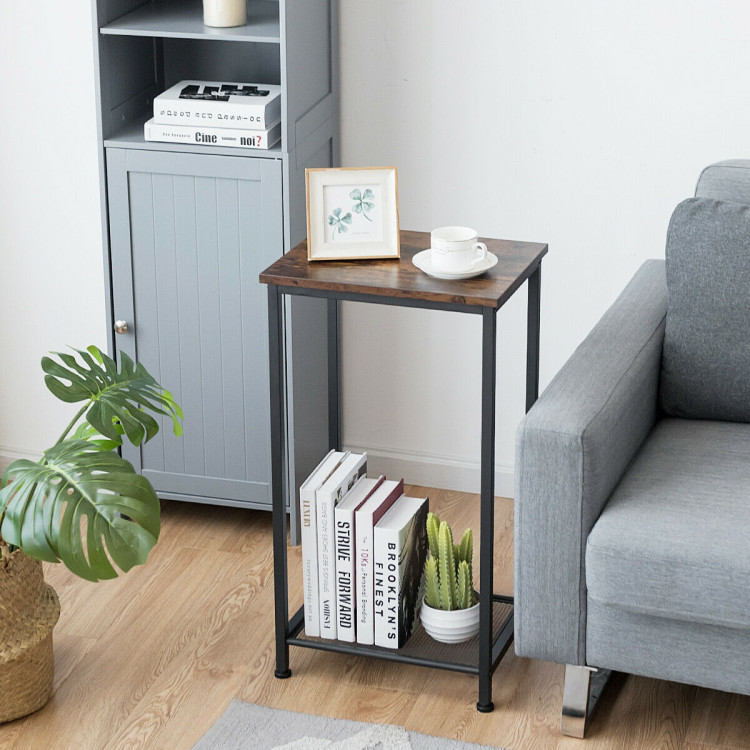 2-Tier Industrial End Table with Metal Mesh Storage ShelvesCostway Gallery View 3 of 12