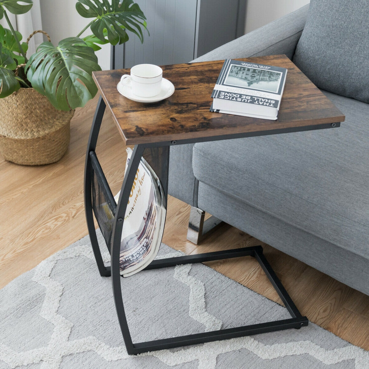 C-shaped Vintage End Table with Side Pocket and Metal FrameCostway Gallery View 2 of 10