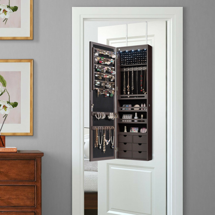 5 LEDs Lockable Mirror Jewelry Cabinet Armoire with 6 Drawers-BrownCostway Gallery View 6 of 12
