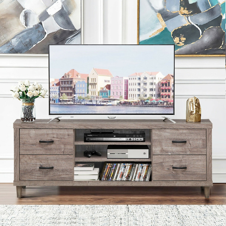 Retro Wooden TV Stand with 3 Open Shelves and 4 DrawersCostway Gallery View 6 of 12