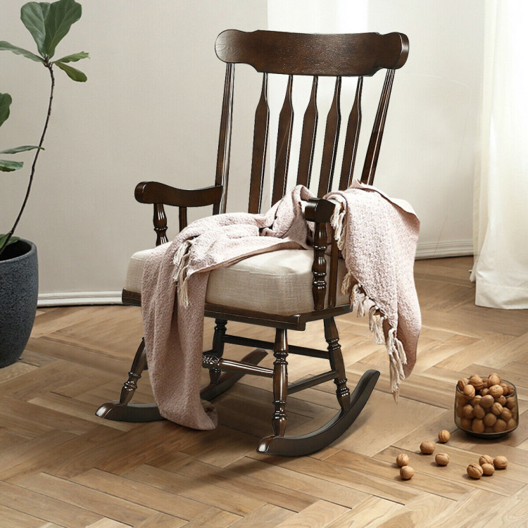 Rocking Chair with Solid Wooden Frame for Garden and Patio-BrownCostway Gallery View 8 of 12