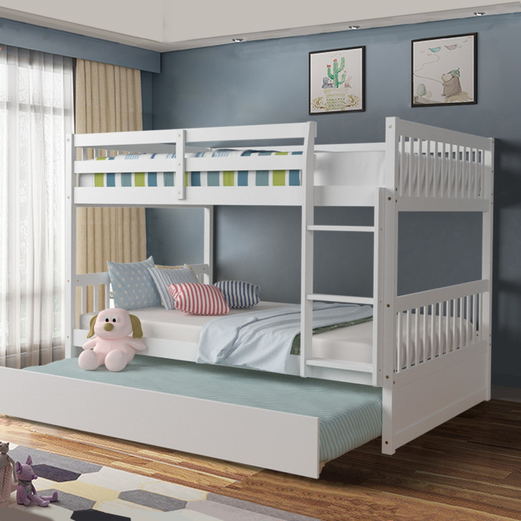 Full over Full Bunk Bed Platform Wood Bed with Ladder-WhiteCostway Gallery View 1 of 12