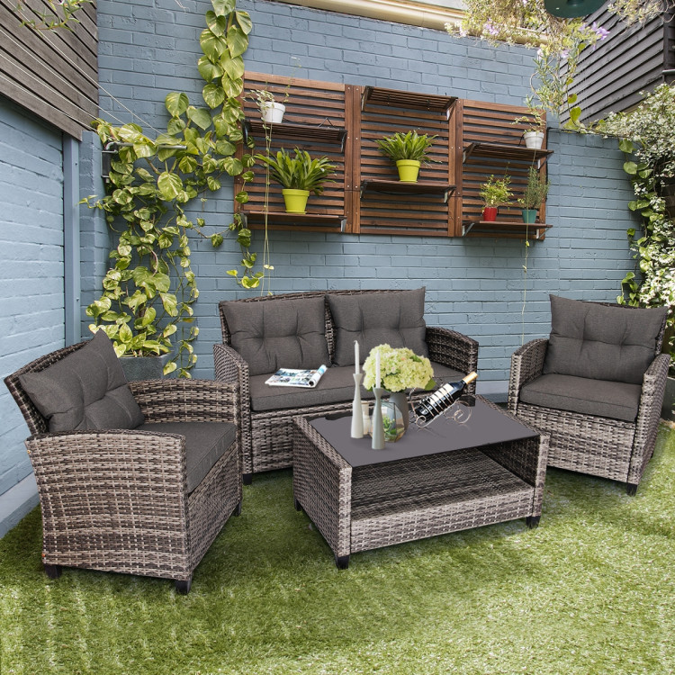 4 Pieces Patio Rattan Furniture Set Coffee Table Cushioned SofaCostway Gallery View 6 of 12