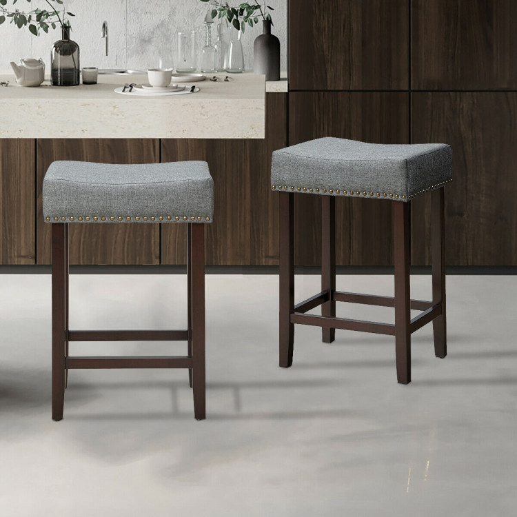 2 Pieces Nailhead Saddle Bar Stools with Fabric Seat and Wood Legs-GrayCostway Gallery View 2 of 12