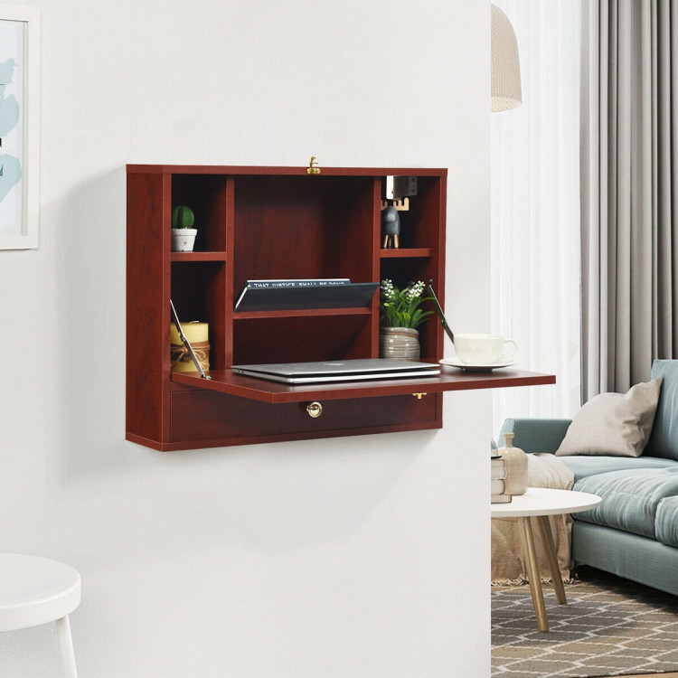 Wall Mounted Folding Laptop Desk Hideaway Storage with Drawer-BrownCostway Gallery View 2 of 10