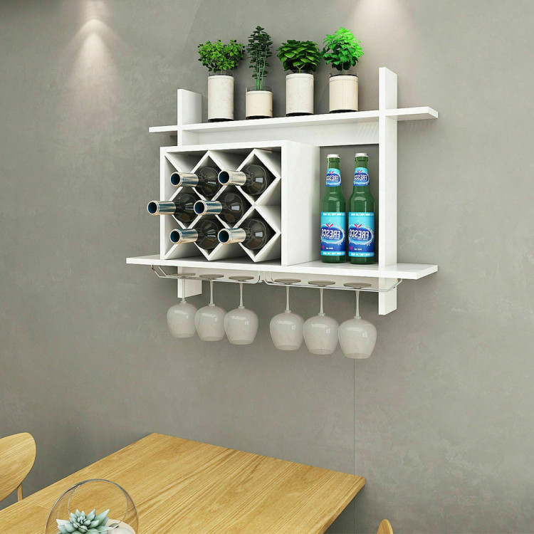 Household Wall Mount Wine Rack Organizer with Glass Holder Storage ShelfCostway Gallery View 3 of 9