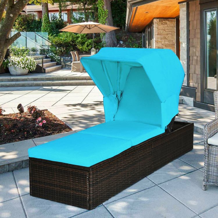 Outdoor Chaise Lounge Chair with Folding Canopy-TurquoiseCostway Gallery View 6 of 12
