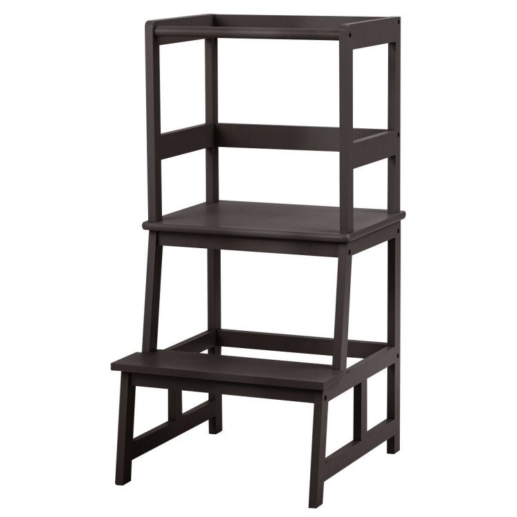 Kids Wooden Kitchen Step Stool with Safety Rail-BrownCostway Gallery View 1 of 2