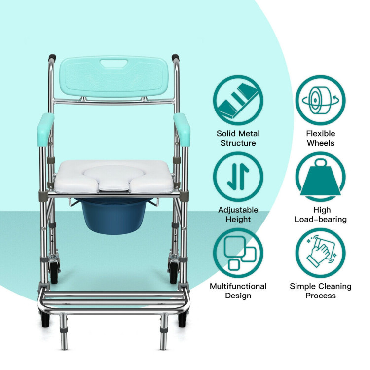 Aluminum Medical Transport Commode Wheelchair Shower Chair-TurquoiseCostway Gallery View 6 of 11