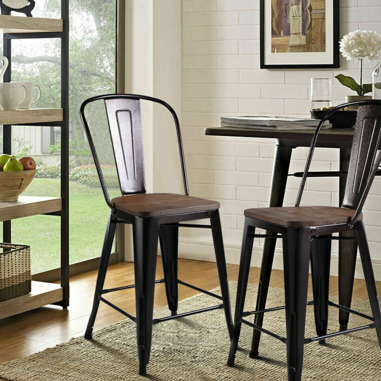 Set of 2 Copper Barstool with Wood Top and High BackrestCostway Gallery View 3 of 11