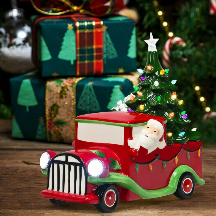 Pre-Lit Vintage Tabletop Ceramic Christmas Tree Truck with BatteryCostway Gallery View 7 of 11