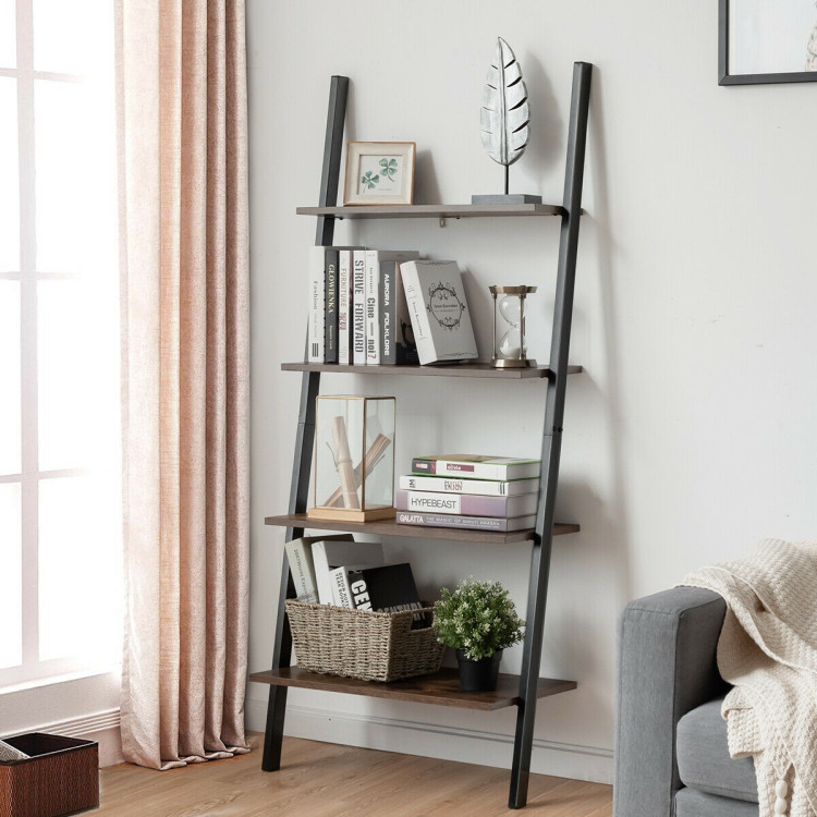 Multipurpose 4-Tier Industrial Leaning Wall Bookcase with Metal Frame-BrownCostway Gallery View 8 of 12